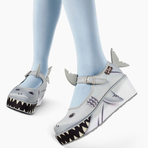 Unique Smiley Shark Fun Embellished Chunky Platform Closed Toe Mary Jane Wedges - Picture 3 of 9